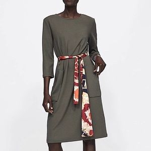 Zara Olive Green Midi Dress with Satin Scarf Belt